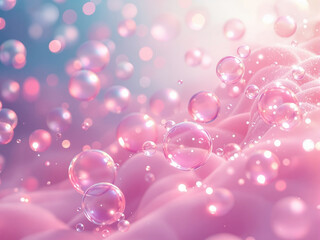 Numerous transparent pink-hued soap bubbles scattered in a soft-focus background