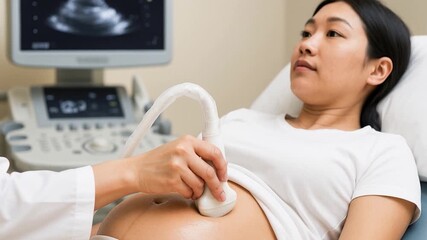 Doctor doing ultrasound scan for pregnant woman.
