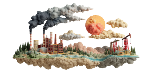 This artwork depicts a bleak industrial zone surrounded by swirling toxic clouds released from massive smokestacks and an old oil pumpjack. The once-lush land is now drained, fragmented, and polluted,