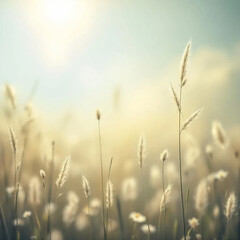  A serene, sunlit meadow with tall, slender wild grasses in the foreground.