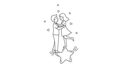 Eternal Affection on the Celestial Stage: A tender moment unfolds as a couple, bathed in an aura of pure love, embrace gracefully atop a radiant star, with floating floral accents.