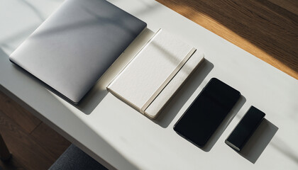Flat Lay Minimalist Office Desk with Closed Laptop, Smartphone, and Notebook on White Surface.