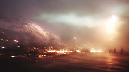 Abstract motion blur of glowing lights in warm haze, creating dynamic atmospheric background with energy and movement