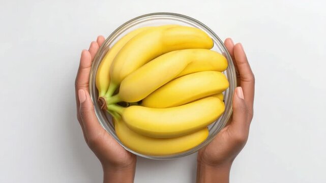 Fresh Yellow Bananas in Glass Bowl Held by Hands on Plain Background 4k video footage