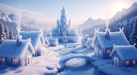 magical winter wonderland castle, snowy landscape, frozen pond, idyllic village, enchanting architecture, icy atmosphere, dramatic lighting, fantasy style, digital art
