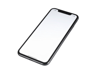 “Isolated modern smartphone floating, transparent background, realistic reflections, 