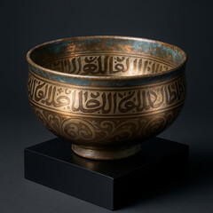 Persian Antique Metal Bowl with Arabic Calligraphy and Ornamental Patterns