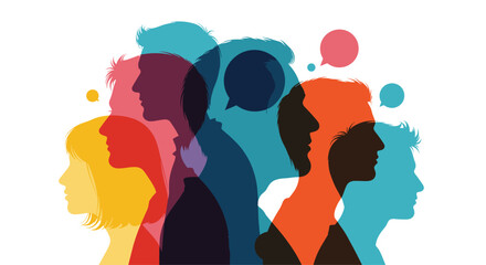 Colorful overlapping silhouettes of diverse people in profile with speech bubbles, representing communication, community, and social networks.