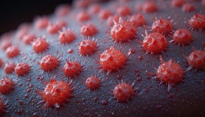 Detailed microscopic view of vibrant red virus cells spreading across a cellular surface, a visual metaphor for health crises and medical research