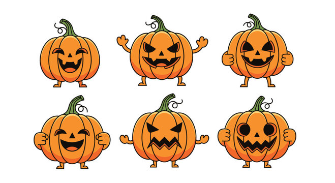 Set of six cute and spooky cartoon jack-o'-lantern mascot characters with different emotions for a fun Halloween celebration.