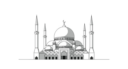 Fototapeta premium Elegant black and white line art illustration of a grand mosque with minarets and a central dome, symbolizing Islamic architecture and faith.