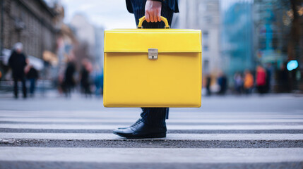 A close-up of a man in a business suit holding a yellow briefcase at a pedestrian crossing