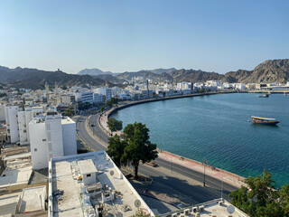 Obraz premium Aerial view of Mutrah Corniche in Muscat, Oman.