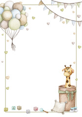 Cute toys in the chest. Watercolor frame, banner, backdrop for birthday, gender party, baby shower, children's party. Vertical card, poster, invitation, greeting card. Scandinavian style, boho, retro.