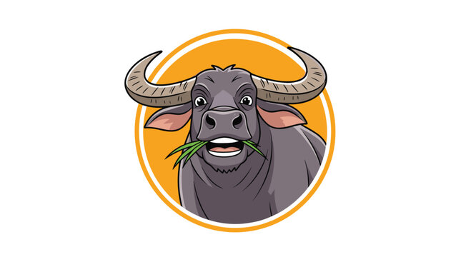 A cartoon water buffalo with large horns happily chews on a mouthful of green grass inside a bold yellow circular frame.