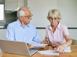Senior couple checking bills and calculating expenses using a laptop at home, debt taxes concept, worried married elderly couple