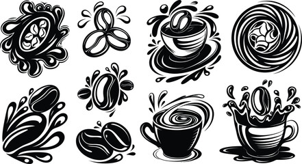 Coffee splash, cup and beans silhouette vector icon set