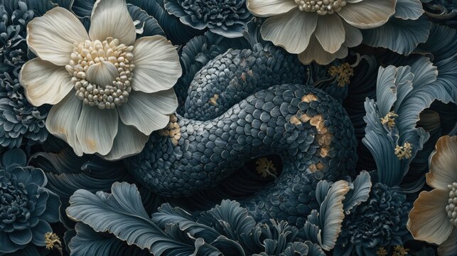 A coiled snake with blue scales and gold accents rests among large, detailed white flowers against a dark night background. Use: fantasy book cover.