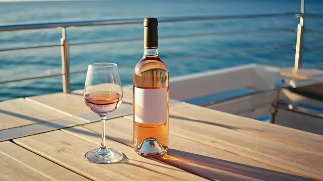 Champagne and wine on a seaside deck at sunset.
