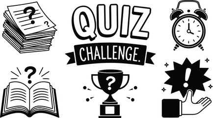 Naklejka premium Quiz challenge concept vector icons with exam paper, alarm clock, trophy, open book and question marks