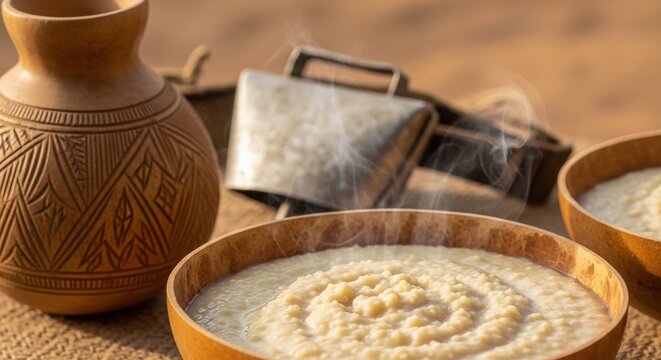Creamy Burkinab&eacute; D&egrave;gu&eacute; &ndash; Millet Porridge with Fresh Milk in Calabash Bowl, Milk Gourd & Fulani Cowbell Styling