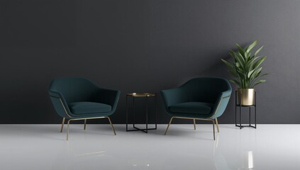 Modern minimalist interior with dark teal armchairs, a metallic gold side table, a green indoor plant in a gold pot, and a glossy white floor, creating an elegant, balanced, and sophisticated design.