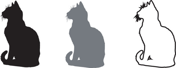 Set of Sitting Cat Icons with Black and Gray Silhouettes and Outline Style