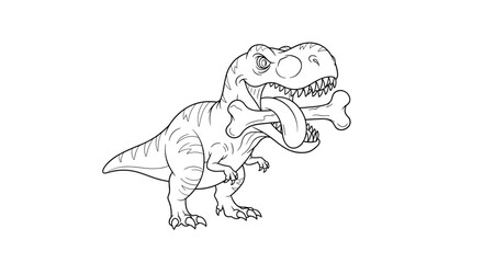 Obraz premium A powerful Tyrannosaurus Rex dinosaur has a giant bone clamped in its mighty jaws, shown in a black and white coloring page.