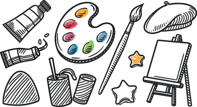 Hand Drawn Art Supplies and Painting Tool Set, Vector Illustration