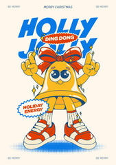 Retro cartoon Christmas bell mascot poster with bow and bold holiday typography