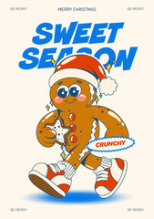 Retro Christmas illustration with cute cartoon gingerbread man mascot in vintage holiday style