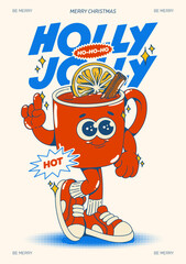 Retro Christmas illustration with cute cartoon hot drink mug mascot in festive vintage style