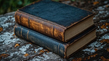 Obraz premium Two stacked vintage leather-bound books rest on a mossy, leaf-covered wooden table. Use: travel blog hero image, literary magazine cover.
