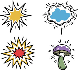 Hand drawn colored comic explosion and cloud bubble set with mushroom and starburst doodle vector illustration