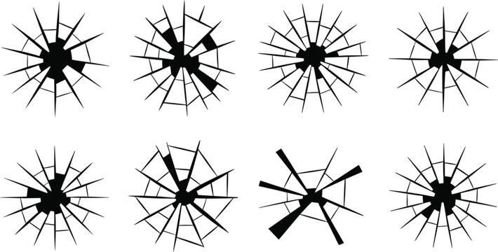 Broken glass crack and bullet hole silhouette set with shattered window vector illustration
