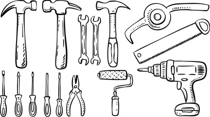 Obraz premium Hand drawn construction tool set with hammer drill and screwdriver doodle vector illustration