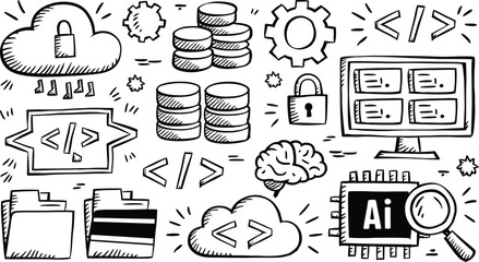 Hand drawn artificial intelligence and coding doodle set with cloud security and data vector illustration