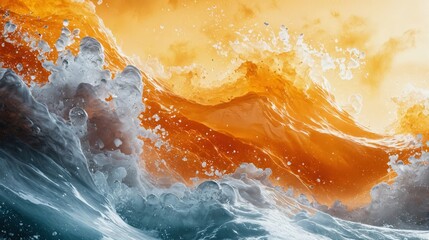 A dynamic orange and gold sunset illuminates a powerful ocean wave crashing onto deep turquoise waters. Use: coastal advertising, adventure book.