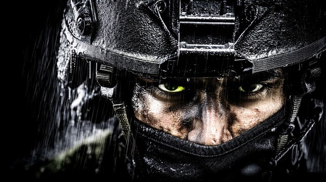 close-up illustration of a naval special forces operator's determined face, partially obscured by night vision goggles, during a nighttime training exercise. Rain streaks across the lens, emphasizing 