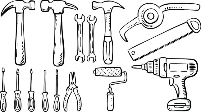 Hand drawn construction tool set with hammer drill and screwdriver doodle vector illustration