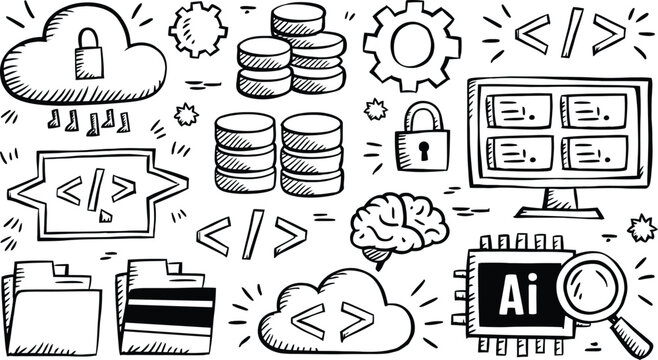 Hand drawn artificial intelligence and coding doodle set with cloud security and data vector illustration