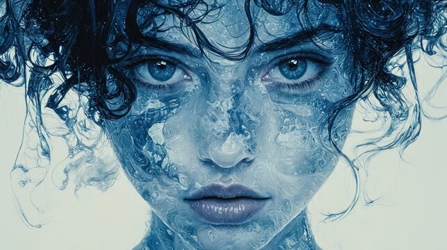 A close-up of a face covered in swirling blue water, creating an ethereal and surreal effect. Use: fantasy book cover, digital artwork portfolio.