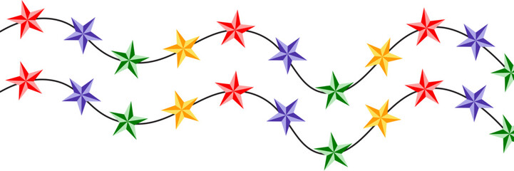 Obraz premium Christmas colorful multicolored lights curly string garland, doodle hand drawn vector illustration, flat cartoon seasonal image for winter New Year holiday, birthday events design