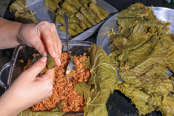 Yaprak sarma dolma - woman making stuffed grape leaves.