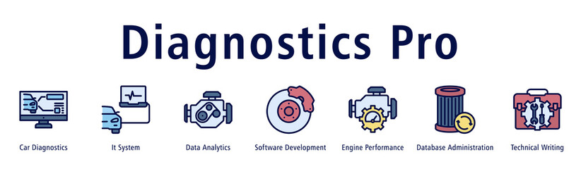 Diagnostics Pro web banner icon vector illustration with icons of Car Diagnostics, It System, Data Analytics, Software Development, Engine Performance, Database Administration and Technical Writing.