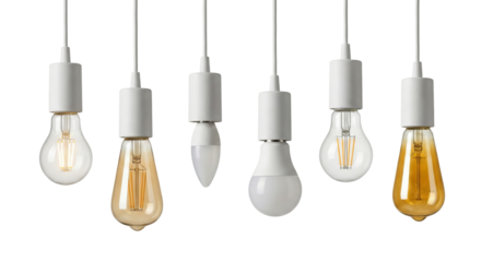 Assortment of modern hanging light bulbs with white fixtures against a plain background