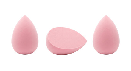Three soft pink teardrop shaped cosmetic sponges for makeup application isolated on transparent