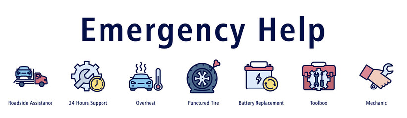 Emergency Help web banner icon vector illustration with icons of Roadside Assistance, 24 Hours Support, Overheat, Punctured Tire, Battery Replacement, Toolbox and Mechanic.