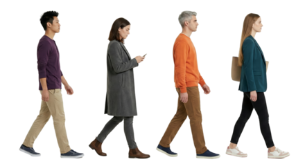 Diverse group of people walking in profile against a plain void isolated transparent background