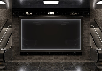 Blank billboard on underground wall. Large horizontal hoarding mockup in dark subway station. 3D rendering © sdecoret